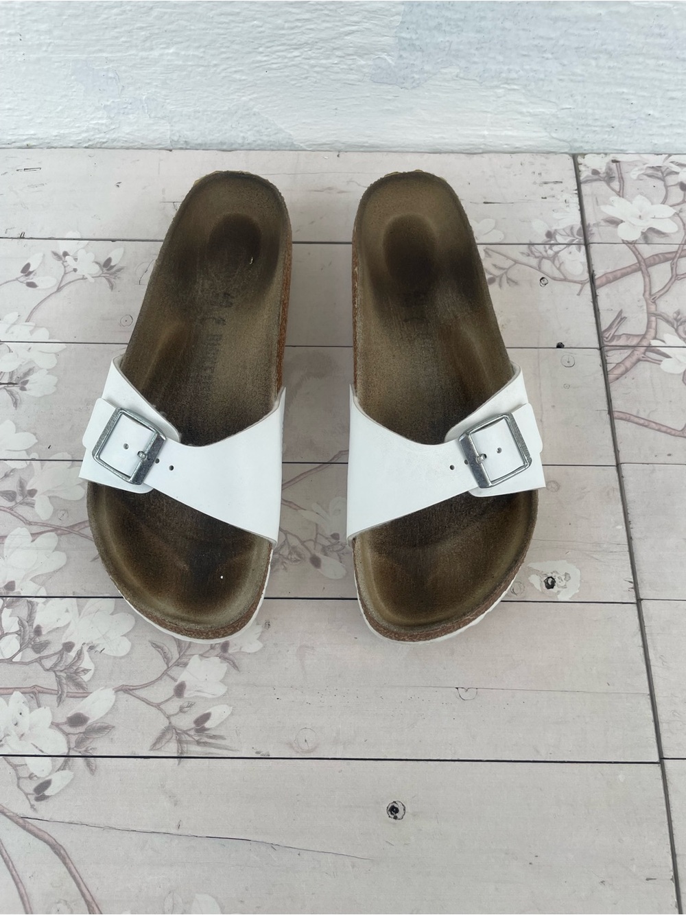 Birkenstock White Single Strap Buckle Slide Sandals